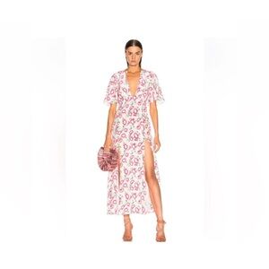 Les Reveries Dress XS 100% silk Deep Neck Petal Sleeve maxi long with slits